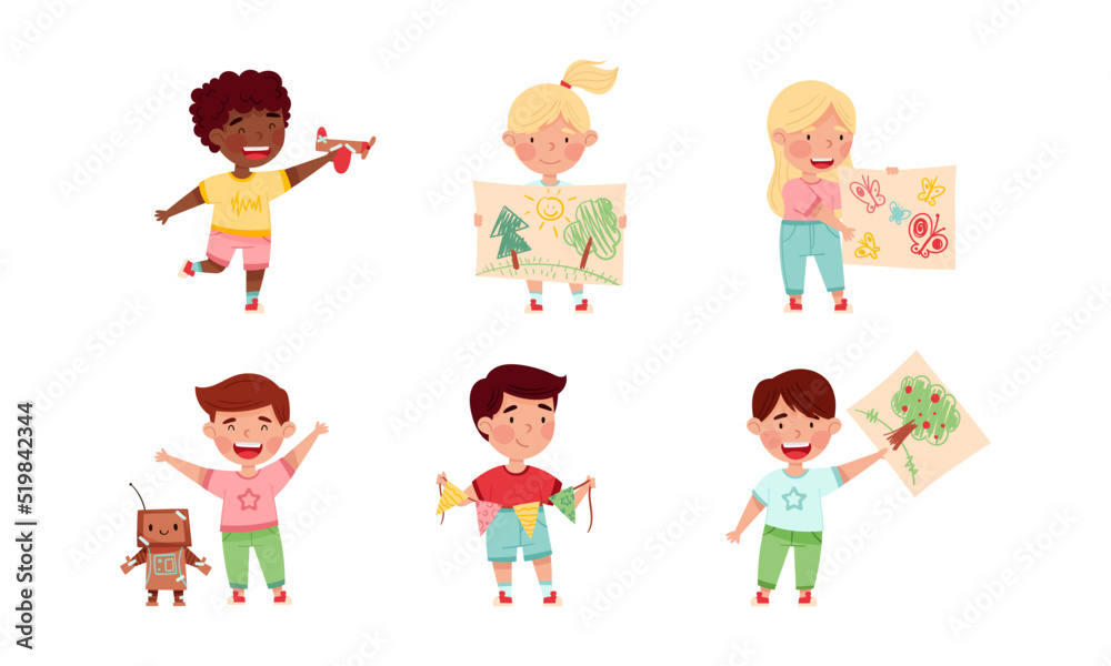 Cute kids showing their DIY crafts set. Boys and girl holding drawings, paper plane and robot cartoon vector illustration