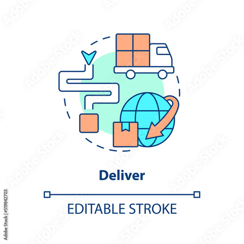 Deliver concept icon. Transportation. Component of supply chain management abstract idea thin line illustration. Isolated outline drawing. Editable stroke. Arial, Myriad Pro-Bold fonts used