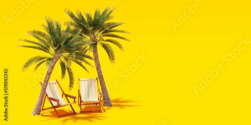 Palm trees and sun loungers standing on a yellow background. 3d rendering