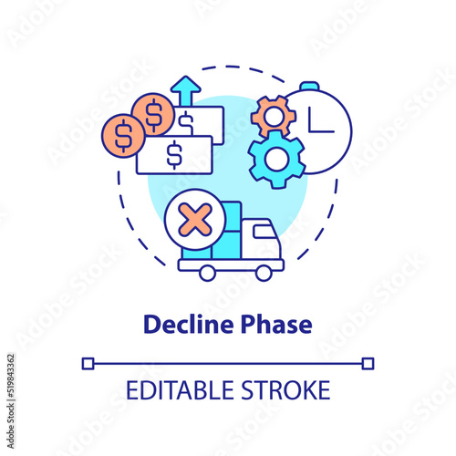 Decline phase concept icon. Reduce of consumption. Stage of product lifecycle abstract idea thin line illustration. Isolated outline drawing. Editable stroke. Arial, Myriad Pro-Bold fonts used
