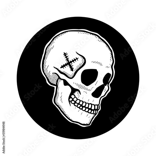 Skull in circle doodle illustration hand drawn vector 