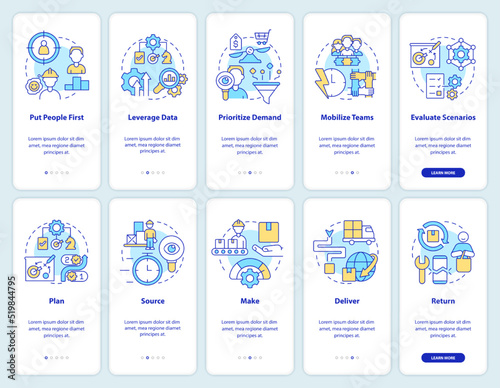 Supply chain priorities and parts onboarding mobile app screen set. Walkthrough 5 steps editable graphic instructions with linear concepts. UI, UX, GUI template. Myriad Pro-Bold, Regular fonts used