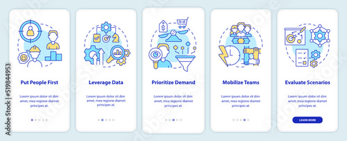 Supply chain priorities onboarding mobile app screen. Management walkthrough 5 steps editable graphic instructions with linear concepts. UI, UX, GUI template. Myriad Pro-Bold, Regular fonts used