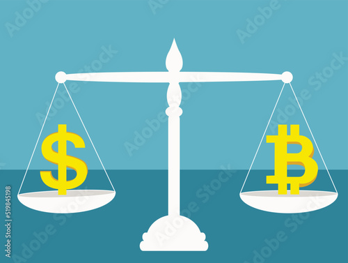 Bit coin and dollar balancing, Scales currency concept,