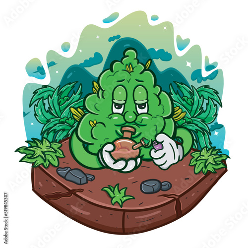 Cartoon Mascot Of Weed Bud With Smoking Glass Bong in Cannabis Forest.