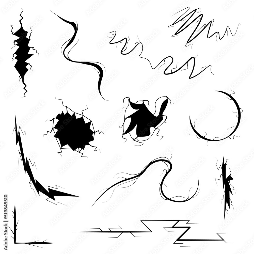 Set Black Collection Simple Line Cracked, Damaged, Hole, Earthquake, Destruction Doodle Outline Nature Element Vector Design Style Sketch Isolated Illustration Set Black Collection Simple Line Cracked, Damaged, Hole, Earthquake, Destruction Doodle Outline Nature Element Vector Design Style Sketch Isolated Illustration