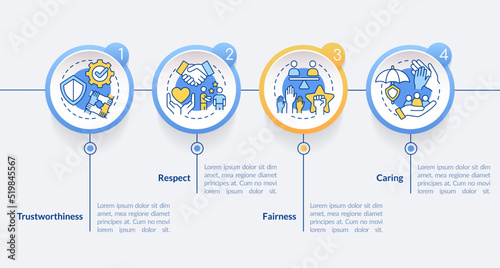 Business ethics components circle infographic template. Trustworthiness. Data visualization with 4 steps. Editable timeline info chart. Workflow layout with line icons. Lato-Bold, Regular fonts used