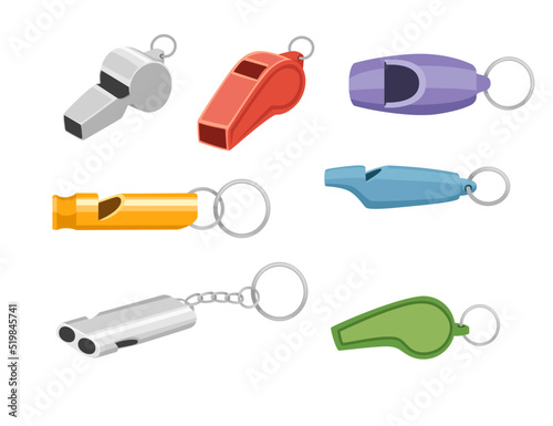 Set of colorful plastic and metal whistle vector illustration isolated on white background