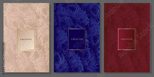 Set of elegant pink, blue and dark red covers. Painted peacock feather pattern. Drawing with brushstroke line. Luxurious flyer, brochure or artistic background.