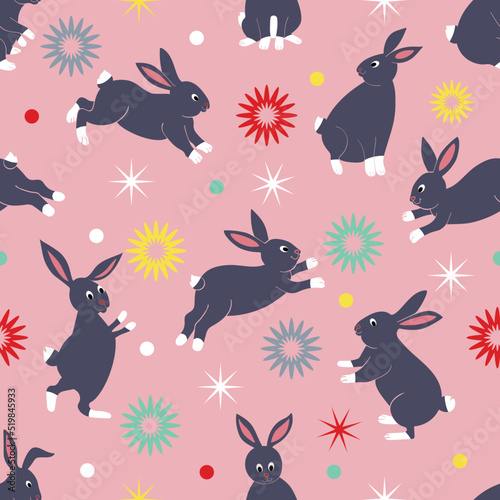 Christmas Cute Rabbits Fantasy Pattern Chinese New Year 2023 Zodiac sign on Children's Seamless Funny Background, Holiday Wallpaper for Babies and little Kids