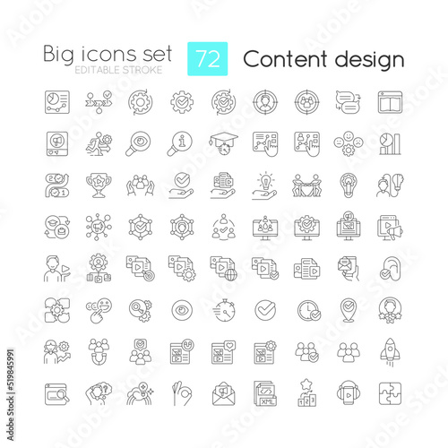 Content design linear icons set. Creating materials for business promotion. Customizable thin line symbols. Isolated vector outline illustrations. Editable stroke. Quicksand-Light font used