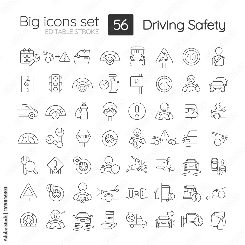 Driving safety linear icons set. Road rules and regulation. Accident prevention. Customizable thin line symbols. Isolated vector outline illustrations. Editable stroke. Quicksand-Light font used