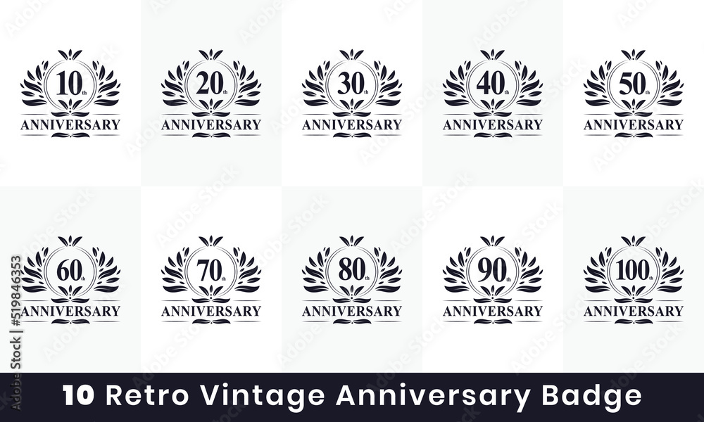 10 Retro Vintage Anniversary Badge Logo. Collection off 10 Anniversary logo for Celebration