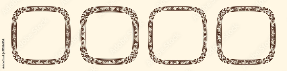 Greek key pattern, rounded square frames collection. Decorative ancient meander, greece border ornament set with repeated geometric motif. Vector EPS10. Greek key pattern, rounded square frames collection. Decorative ancient meander, greece border ornament set with repeated geometric motif. Vector EPS10.