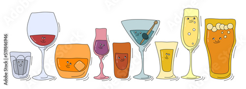 Vodka red wine whiskey liquor rum martini tequila champagne beer glassware with smile face on white background. Cartoon sketch. Doodle style with black contour line. Set cute hand drawn glass