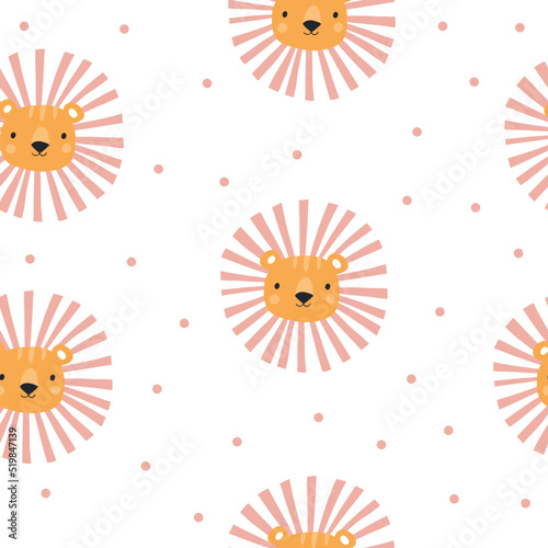 Cute lion seamless pattern. Hand-drawn vector illustration for posters, cards, t-shirts, texture for fabric, wrapping, textile, wallpaper, and apparel. Childish background with animal faces 