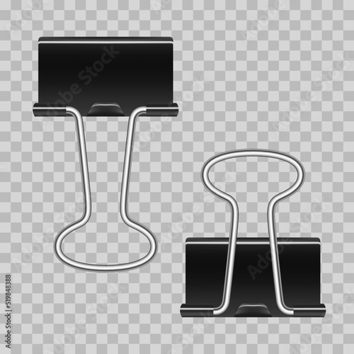 Set of realistic black paper clips isolated on transparent background. Vector illustration..