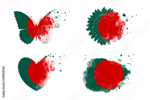 Sublimation backgrounds different forms on white background. Artistic shapes set in colors of national flag. Bangladesh