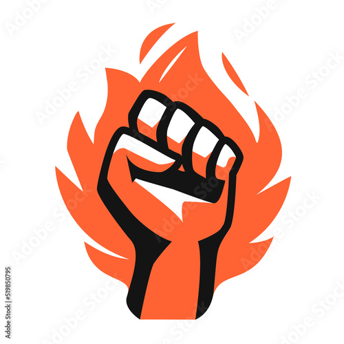 Fist and fire emblem isolated. Hand clenched power strength icon symbol. Vector illustration