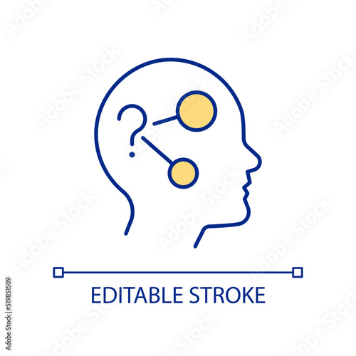 Human brain solving problems RGB color icon. Logical thinking. Decision taking process. Making calculations. Isolated vector illustration. Simple filled line drawing. Editable stroke. Arial font used