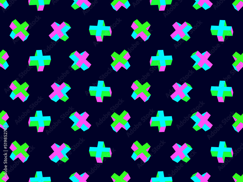 3D crosses seamless pattern. Isometric pluses of acid color. Cross shape. Acid trip. Design for posters, banners and promotional products. Vector illustration 3D crosses seamless pattern. Isometric pluses of acid color. Cross shape. Acid trip. Design for posters, banners and promotional products. Vector illustration
