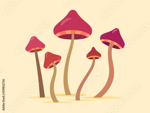 Hallucinogenic mushrooms. Toadstool mushrooms with red caps. Acid trip. Poisonous mushrooms. Design for posters, banners and promotional products. Vector illustration