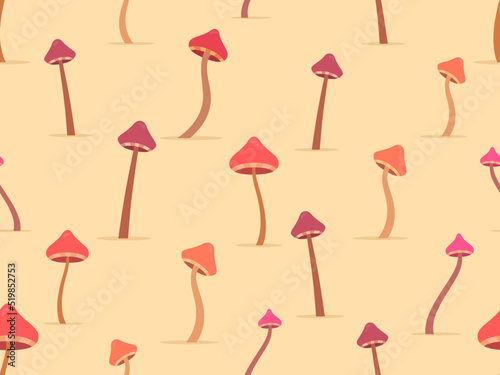 Toadstool mushrooms seamless pattern. Hallucinogenic and psychedelic mushrooms. Acid trip. Poison mushrooms. Design for posters, banners and promotional products. Vector illustration