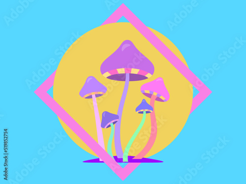 Futuristic mushrooms in the style of the 80s. Frame around the sun. Hallucinogenic mushrooms, acid trip. synthwave style. Design for posters, banners and promotional items. Vector illustration