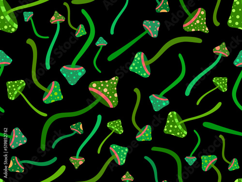 Hallucinogenic mushrooms seamless pattern. Psychedelic mushrooms, acid trip. Design for posters, banners and promotional products. Vector illustration