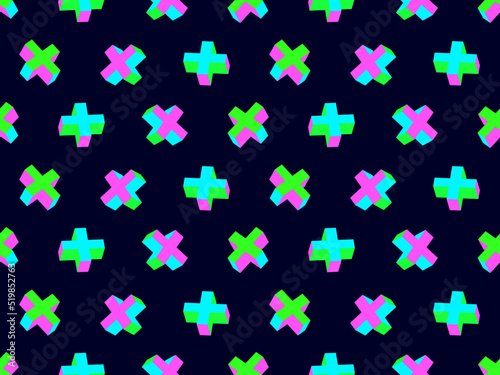 3D crosses seamless pattern. Isometric pluses of acid color. Cross shape. Acid trip. Design for posters, banners and promotional products. Vector illustration