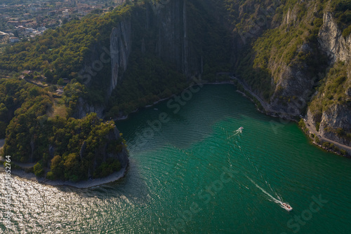 Awesome aerial view of mountains and lake iseo from Riva di Solto, Baia dal Bogn,Bergamo,Italy.