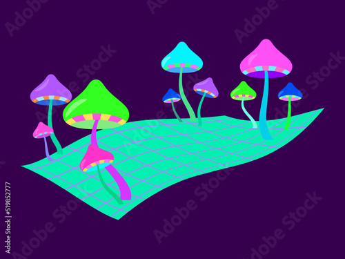 Psychedelic mushrooms in retro futuristic synthwave style. Wavy perspective 3d grid with mushrooms. Acid trip, surrealism. Design for posters and banners. Vector illustration