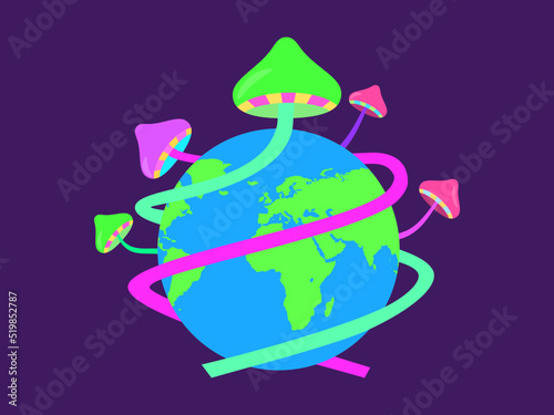 Rave psychedelic, acid trip. Mushrooms cover the planet. Surreal experience. Psychedelic mushroom. Design for posters, banners and promotional products. Vector illustration