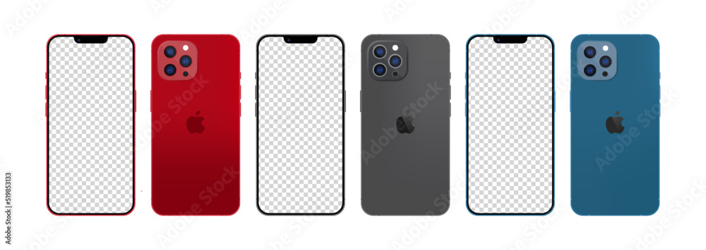 Vecteur Stock Apple iPhone 13. Smart phone. Available in red, blue and  dark. New iPhone 13 pro max. Mock-up screen iphone and back side iphone. By  Apple Inc. Vector line icon for