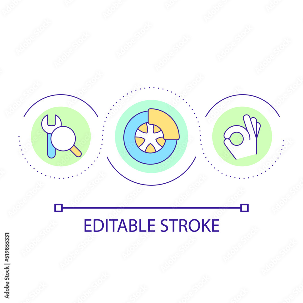 Brakes service loop concept icon. Vehicle troubleshooting. Car accident prevention measure abstract idea thin line illustration. Isolated outline drawing. Editable stroke. Arial font used Brakes service loop concept icon. Vehicle troubleshooting. Car accident prevention measure abstract idea thin line illustration. Isolated outline drawing. Editable stroke. Arial font used