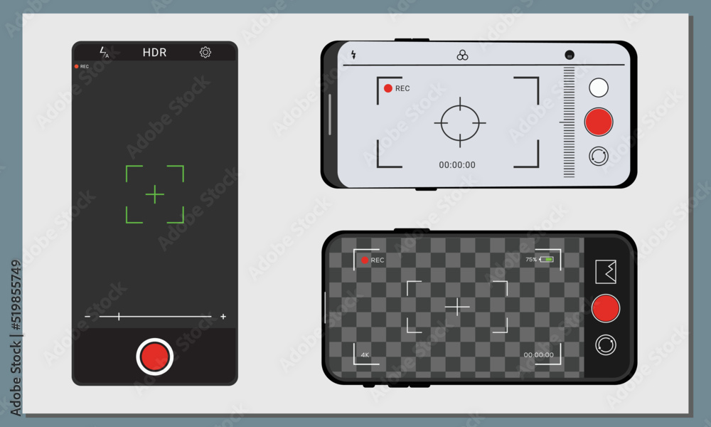Camera interface in phone video screen. Viewfinder, ui, Photo, video, web. App for the record from phone camera. Camera interface in phone video screen. Viewfinder, ui, Photo, video, web. App for the record from phone camera.