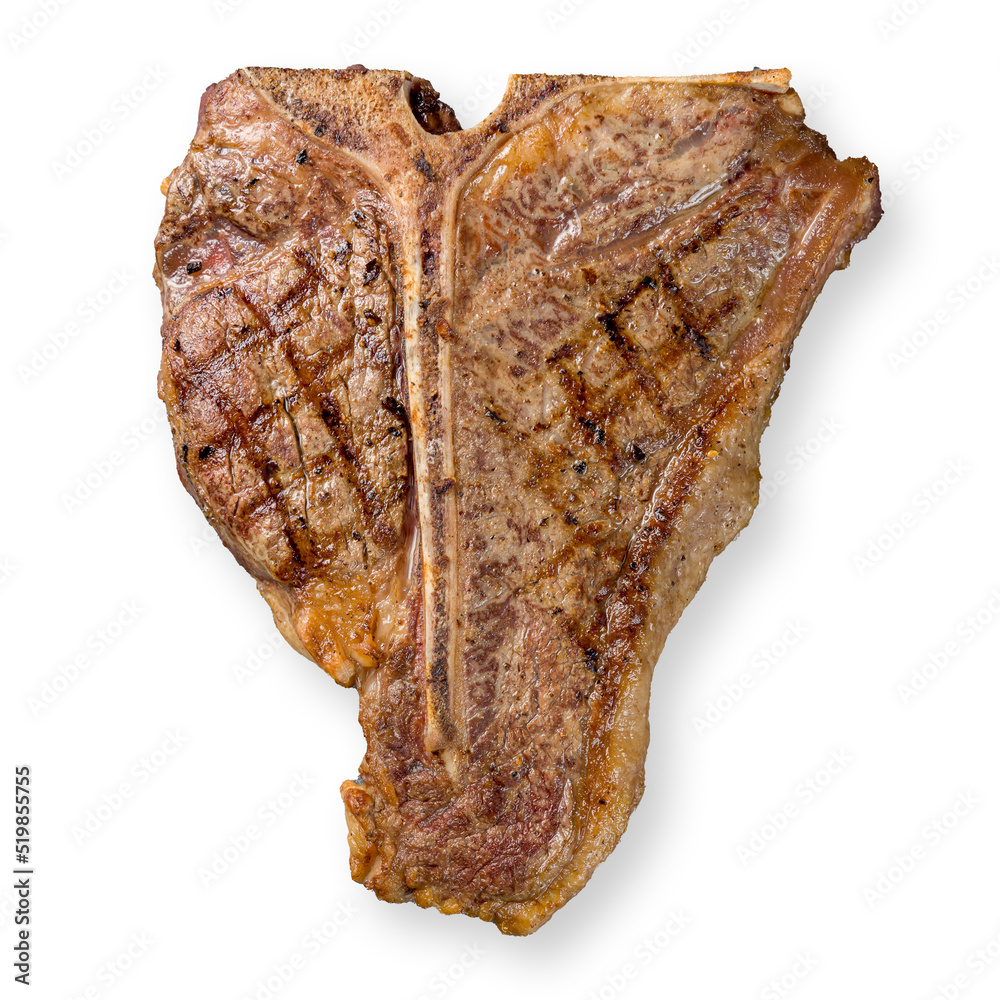 Steak T Bone, tibon steak, steak on bone isolated on white background top view Steak T Bone, tibon steak, steak on bone isolated on white background top view
