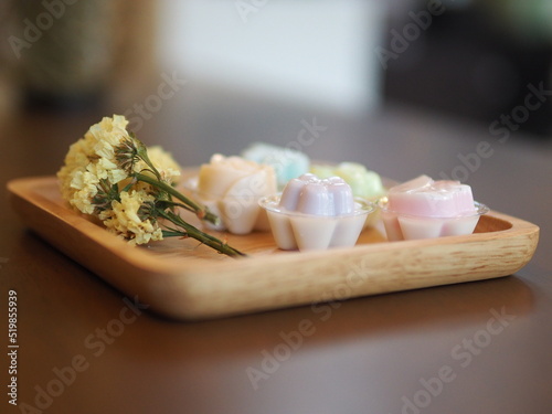 jelly desserts with a set of tea on the table