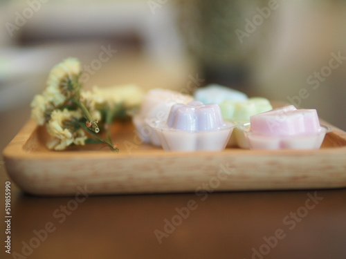 jelly desserts with a set of tea on the table