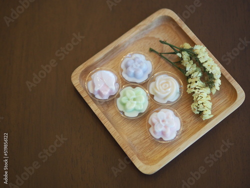 jelly desserts with a set of tea on the table