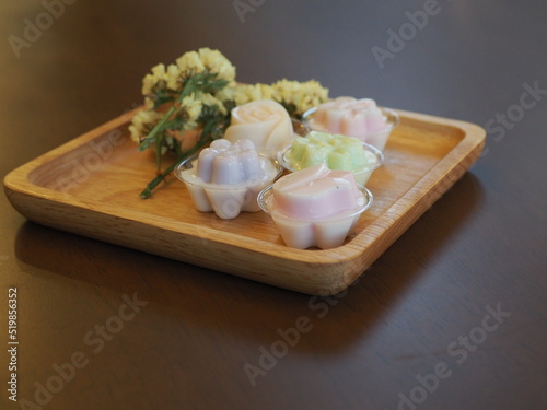 jelly desserts with a set of tea on the table