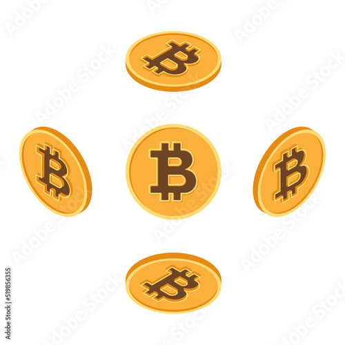 Isometric gold bitcoin set. View of the coin from the top, from the bottom, from the right, from the left