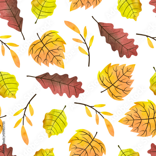 Seamless watercolor autumn leaves pattern. Vector fall background with colorf...