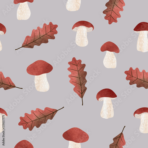 Seamless autumn pattern with watercolor boletus mushrooms and oak leaves. Vector background