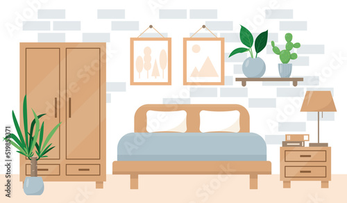 Cozy badroom interior in trendy Scandic hygge style. Modern house or apartment with homeplants and furniture. Flat or cartoon vector illustration. photo