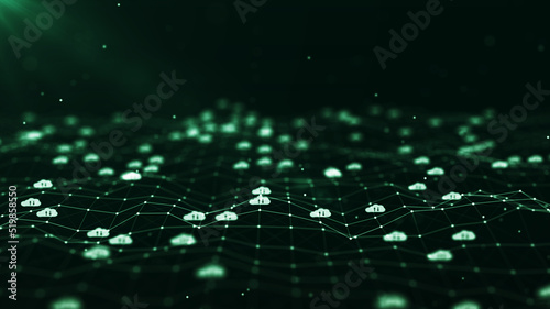 Cloud computing technology concept for transfer data to storage system. White cloud icon over polygon on dark green background.