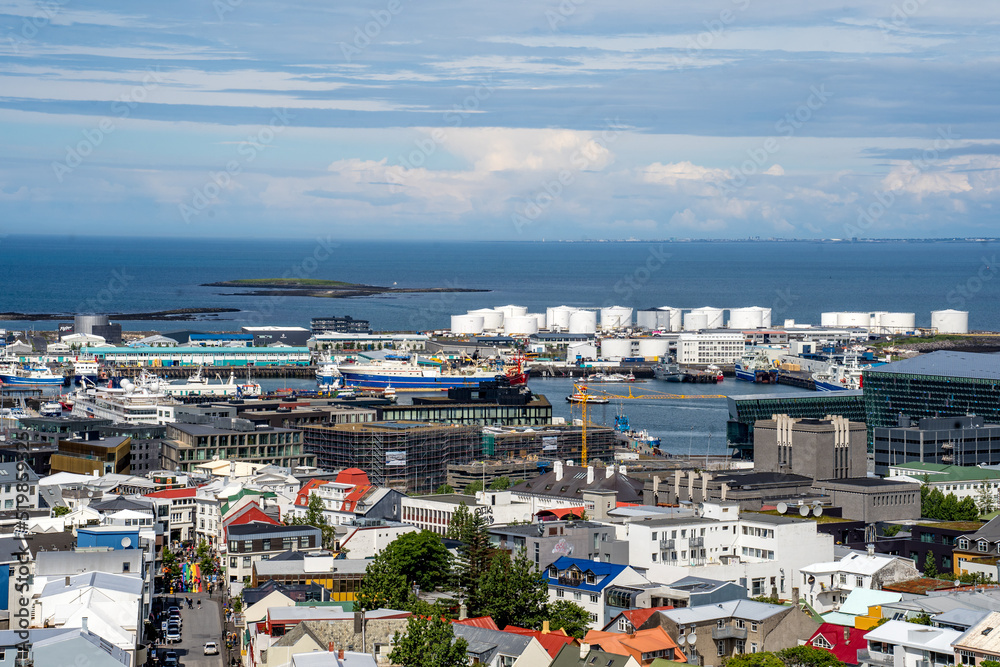 Reykjavik, Iceland - July 1, 2022 Landscape view of Reykjavik's Old Harbour, a former industrial port recently converted into one of the city's liveliest neighbourhoods.