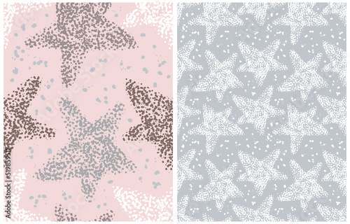 Abstract Hand Drawn Vector Patterns. White, Gray and Brown Brush Stars made of Spots on a Light Gray and Pink Background. Modern Irregular Night Sky Seamless Pattern. Cool Repeatable Starry Print. 