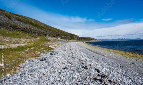 Stone beach under the hills