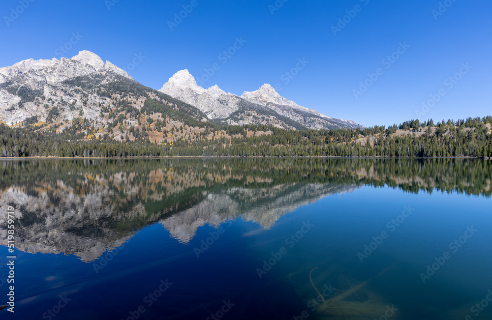Naklejka premium Scenic Reflection Landscape of the Tetons in Taggart Lake in Autumn